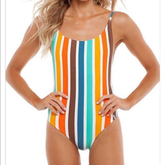 Low Back Striped One Piece Swimsuit - Picture 2 of 3